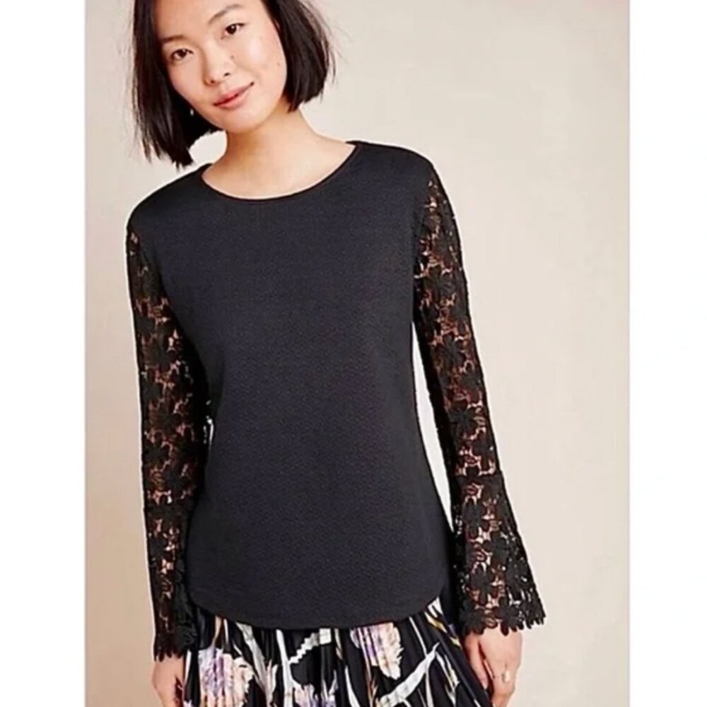 ANTHRO Eri + Ali Delilah Bell Sleeve Lace Top in Black M
